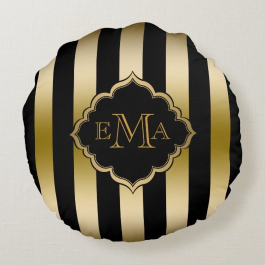 金ゴールドと黒のストライプ幾何学的パターン ラウンドクッション (裏面)