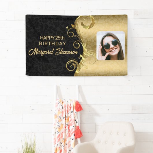 金ゴールドと黒のダマスクと写真 横断幕 (インサイチュ)