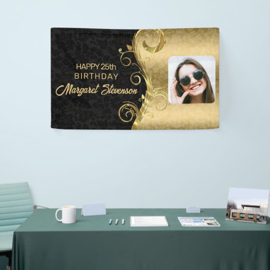 金ゴールドと黒のダマスクと写真 横断幕 (トレードショー)