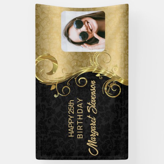 金ゴールドと黒のダマスクと写真 横断幕 (縦)