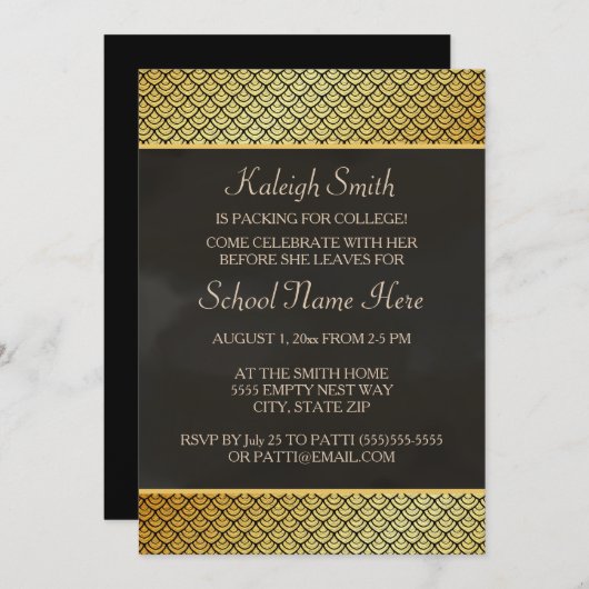 金ゴールドと黒のトランクパーティー「大学へオフ」招待状 招待状 (正面/裏面)