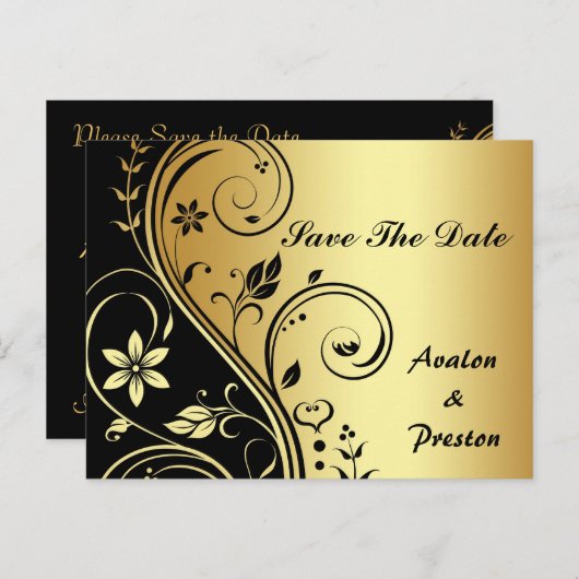 金ゴールドと黒のフローラスクロール日付はがきを保存 案内ポストカード (正面/裏面)