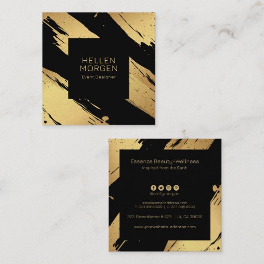 金ゴールドと黒のブラシストロークの背景 スクエア名刺 (正面/裏面)