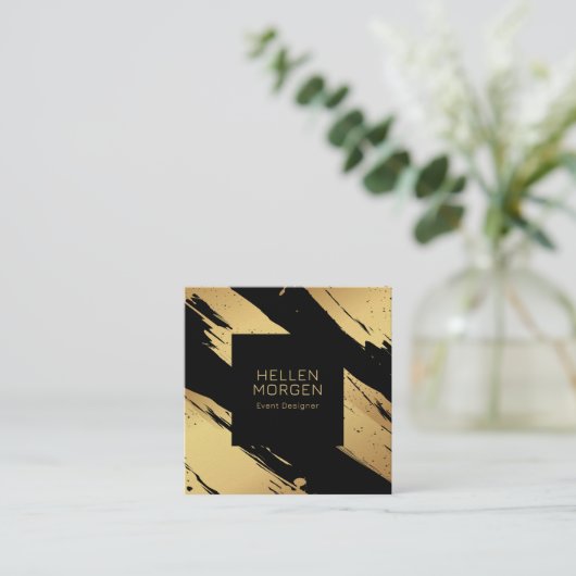 金ゴールドと黒のブラシストロークの背景 スクエア名刺 (スタンド正面)