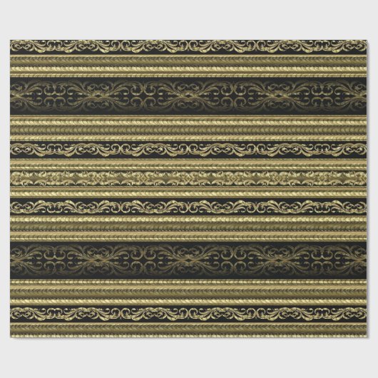 金ゴールドと黒のヴィンテージレースのパタストライプーン ラッピングペーパー (フラット)