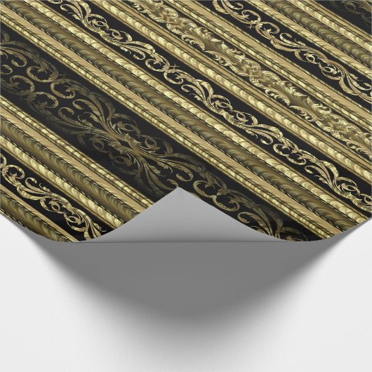 金ゴールドと黒のヴィンテージレースのパタストライプーン ラッピングペーパー (コーナー)