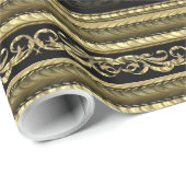 金ゴールドと黒のヴィンテージレースのパタストライプーン ラッピングペーパー (ロールコーナー)