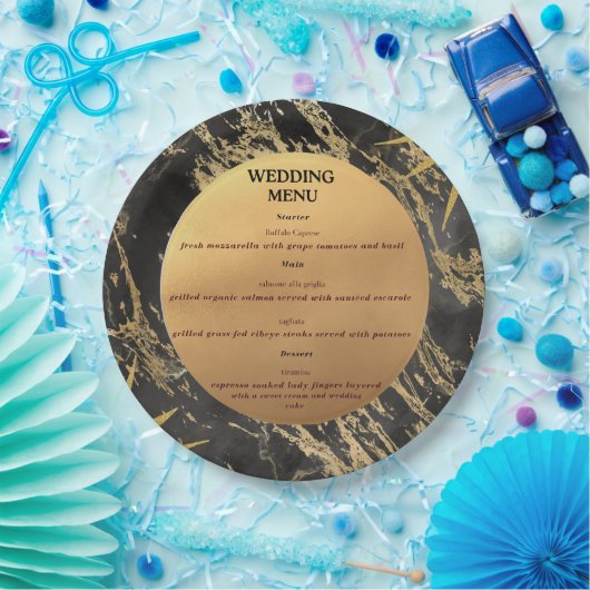 金ゴールドと黒の大理石テーマ結婚のメニュー ペーパープレート (パーティー)