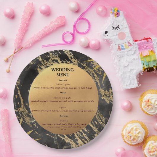 金ゴールドと黒の大理石テーマ結婚のメニュー ペーパープレート (パーティー)
