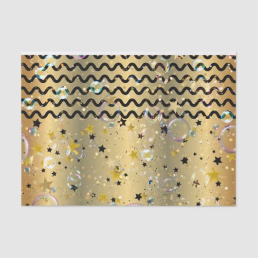 金ゴールドと黒の星の泡の波状のストライプパーティー 薄葉紙 (正面)