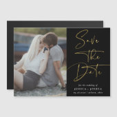 金ゴールドと黒の書道の写真日付を保存 マグネット招待状 (正面/裏面)