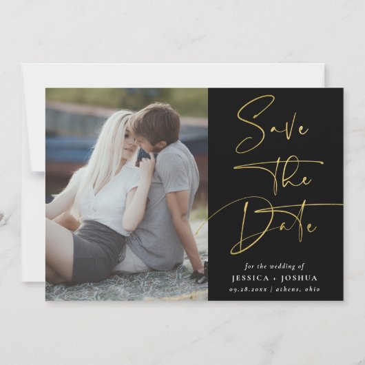 金ゴールドと黒の書道の写真日付を保存 マグネット招待状 (正面)