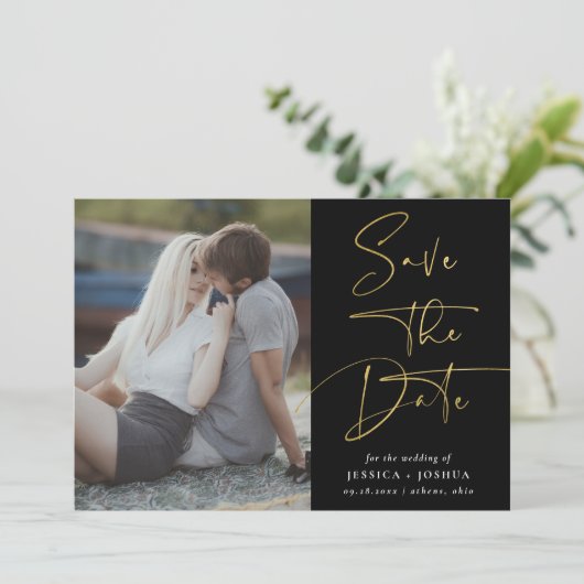 金ゴールドと黒の書道写真を保存 招待状 (スタンド正面)