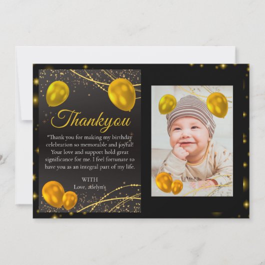 金ゴールドと黒の最初の誕生日の写真サンキューカード 招待状 (正面)