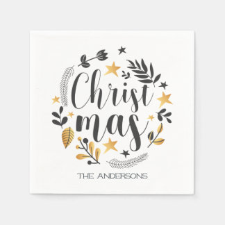 金ゴールドと黒の植物性イラストレーションクリスマス スタンダードカクテルナプキン