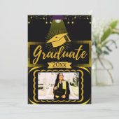 金ゴールドと黒の水平フレーム2写真卒業 招待状 (スタンド正面)