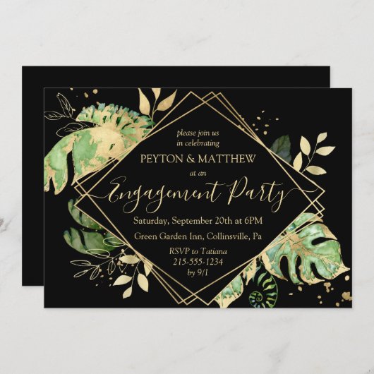 金ゴールドと黒の熱帯性の葉の婚約パーティ 招待状 (正面/裏面)