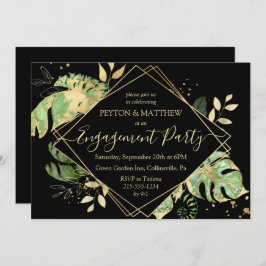 金ゴールドと黒の熱帯性の葉の婚約パーティ 招待状