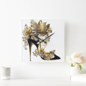 金ゴールドと黒の花のスチレットのヒール スクエア壁時計 (ホーム)