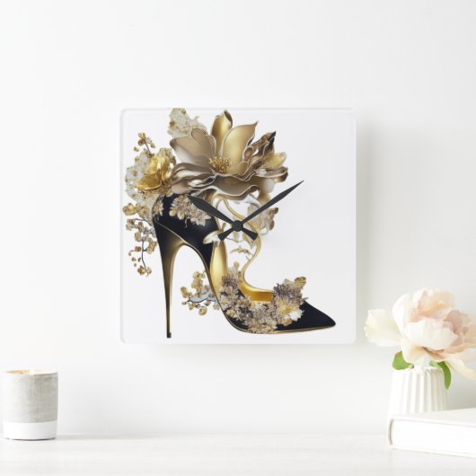 金ゴールドと黒の花のスチレットのヒール スクエア壁時計 (ホーム)