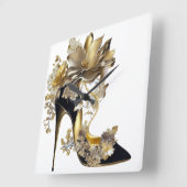金ゴールドと黒の花のスチレットのヒール スクエア壁時計 (傾斜)