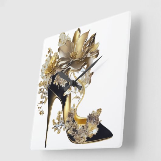 金ゴールドと黒の花のスチレットのヒール スクエア壁時計 (傾斜)