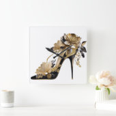 金ゴールドと黒の花のスチレットのヒール スクエア壁時計 (ホーム)
