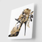 金ゴールドと黒の花のスチレットのヒール スクエア壁時計 (傾斜)