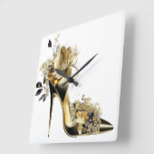 金ゴールドと黒の花のスチレットのヒール スクエア壁時計 (傾斜)