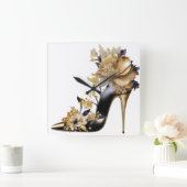 金ゴールドと黒の花のスチレットのヒール スクエア壁時計 (ホーム)