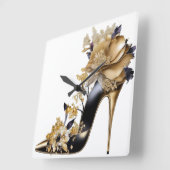 金ゴールドと黒の花のスチレットのヒール スクエア壁時計 (傾斜)