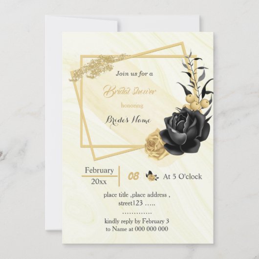 金ゴールドと黒の花の幾何学的ブライダルシャワー 招待状 (正面)