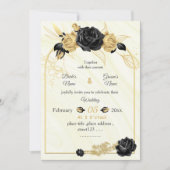 金ゴールドと黒の花の植物幾何学結婚性 招待状 (正面)