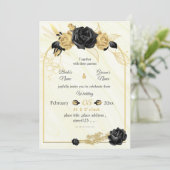 金ゴールドと黒の花の植物幾何学結婚性 招待状 (スタンド正面)
