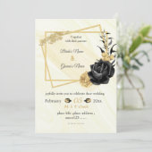 金ゴールドと黒の花の植物幾何学結婚性 招待状 (スタンド正面)