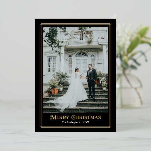 金ゴールドと黒の装飾写真縁ど 箔シーズンカード (立ち正面)