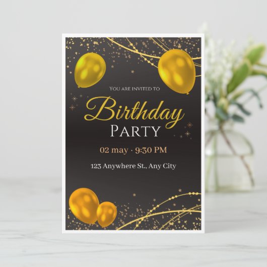 金ゴールドと黒の誕生日パーティーの招待 招待状 (スタンド正面)