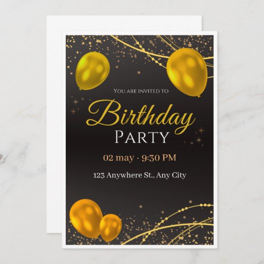 金ゴールドと黒の誕生日パーティーの招待 招待状 (正面/裏面)