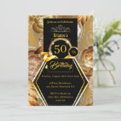 金ゴールドと黒の誕生日招待状 招待状 (スタンド正面)