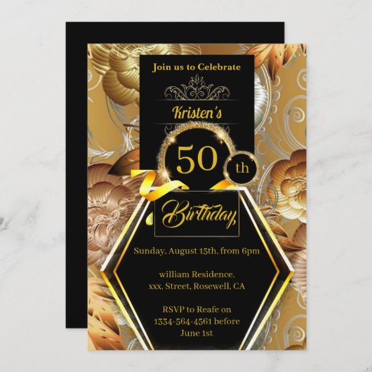 金ゴールドと黒の誕生日招待状 招待状 (正面/裏面)