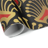 金ゴールドと黒の赤アールデコパターン ラッピングペーパー (ロールコーナー)