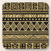 金ゴールドと黒の部族の幾何学的パターン コースター (正面)