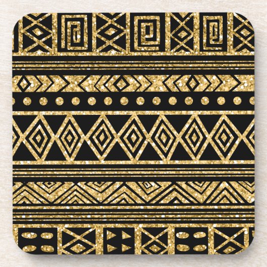 金ゴールドと黒の部族の幾何学的パターン コースター (正面)