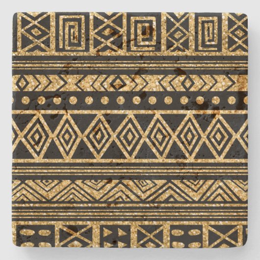 金ゴールドと黒の部族の幾何学的パターン ストーンコースター (正面)