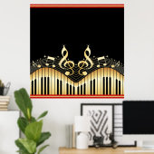 金ゴールドと黒の音楽ノート黒の背景 ポスター (ホームオフィス)