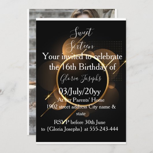 金ゴールドと黒のSweet sixteen写真 セーブザデート (正面/裏面)