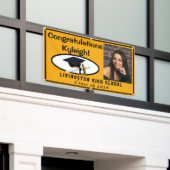 金ゴールドと黒アクセント付きビニールの卒業写真 横断幕 (ビルの外側)