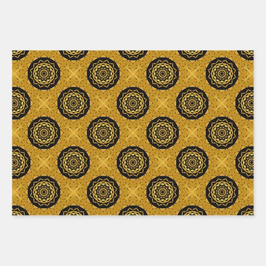金ゴールドと黒アラベスクのモザイク幾何学模様 ラッピングペーパーシート (正面2)