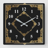 金ゴールドと黒アールデコスクエアダイヤモンドフレーム スクエア壁時計 (正面)