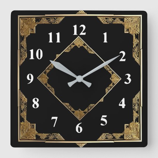 金ゴールドと黒アールデコスクエアダイヤモンドフレーム スクエア壁時計 (正面)